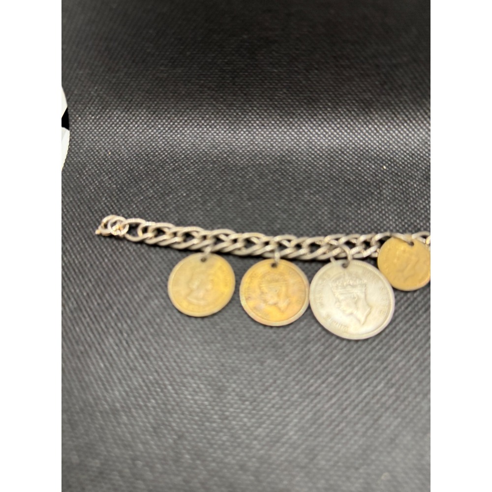 Vintage Hong Kong Coin Charm Bracelet Queen Elizabeth II King George VI 1950s